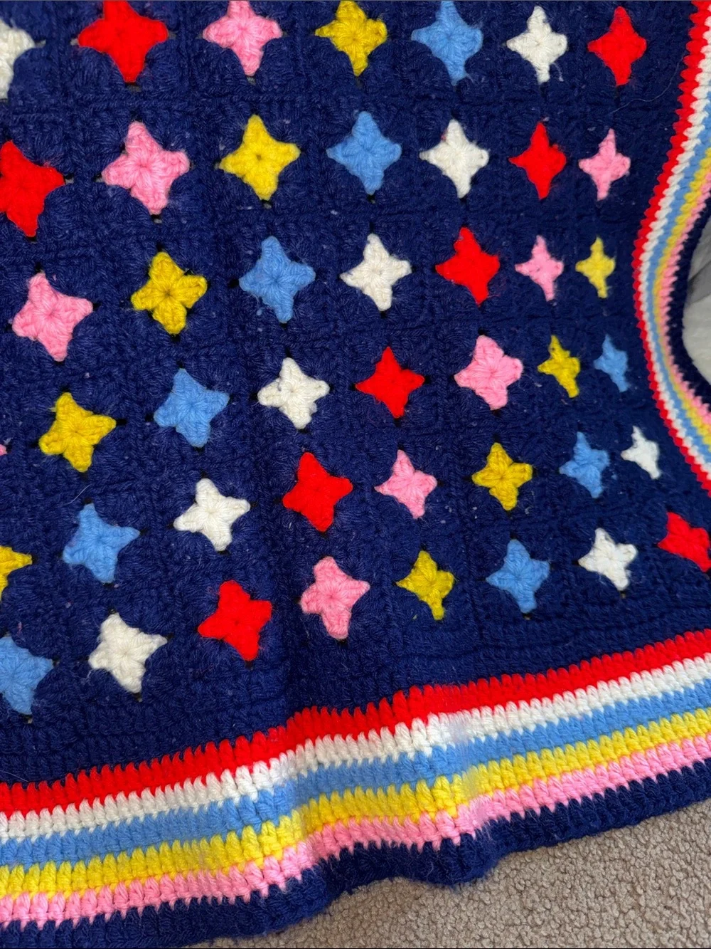 Hand Crafted Navy Multicolor Star Crochet Throw lap Blanket